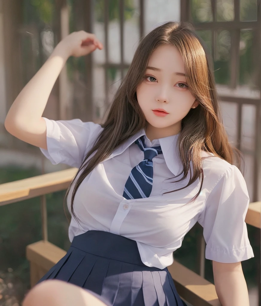 Gray eyes, Korean school uniform, Summer shirts, Ribbon Tie, skirt, Bright Blonde, school stairs, going down school stairs, Chest-up posture, Breast exaggeration pose, 8k RAW photos, high resolution, 16 year old Korean guy is so handsome, Very round breasts, Beautiful eye details, Long eyelashes, Beautiful double eyelids, Eyeshadow, Eyeliner, Slender eyes, Elongate the shape of the eyes, Three white eyes, Smile, Expression, Very slender beautiful legs, Beautiful slender thighs, Random medium-length hair, hair tied behind the head, earrings,