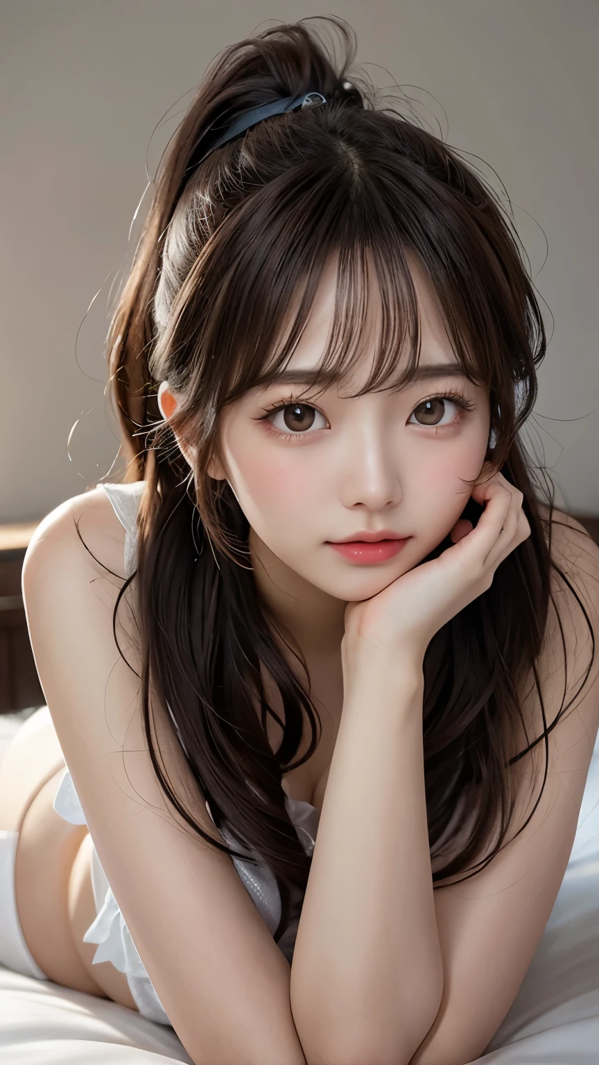 Masterpiece、top quality、Ultra Fine、very high resolution、8K、cinematic lighting、Ultra Realistic Anime Style、beautiful 20-year-old Japanese woman、medium length, slightly disheveled hair、Shining silky hair、small, natural-colored lips、skin is soft and transparent、 Beautifully Drawn Eyes、 perfect facial symmetry 、looks like a K-pop idol、cute outfit:((Cute Spring Clothes))、gentle and thoughtful expression、cute, moving pose、Soft and beautiful legs、perfect human body balance、x} Soft effects of clothes and hair swaying in the wind、breathtaking sky background、sky beautifully illuminated by light sources、((Bedroom Background))、((Bird's-eye View Angle))、Composition focusing on the dynamic and emotional air of the sky、Upward perspective、soft bokeh effect in the foreground、pastel shades、perfect DVD-level composition、nostalgic and tight air、((big breasts))(((lying down)))((lie on your back))((lewd pose))、((Beautiful belly button))
,((ponytail)),