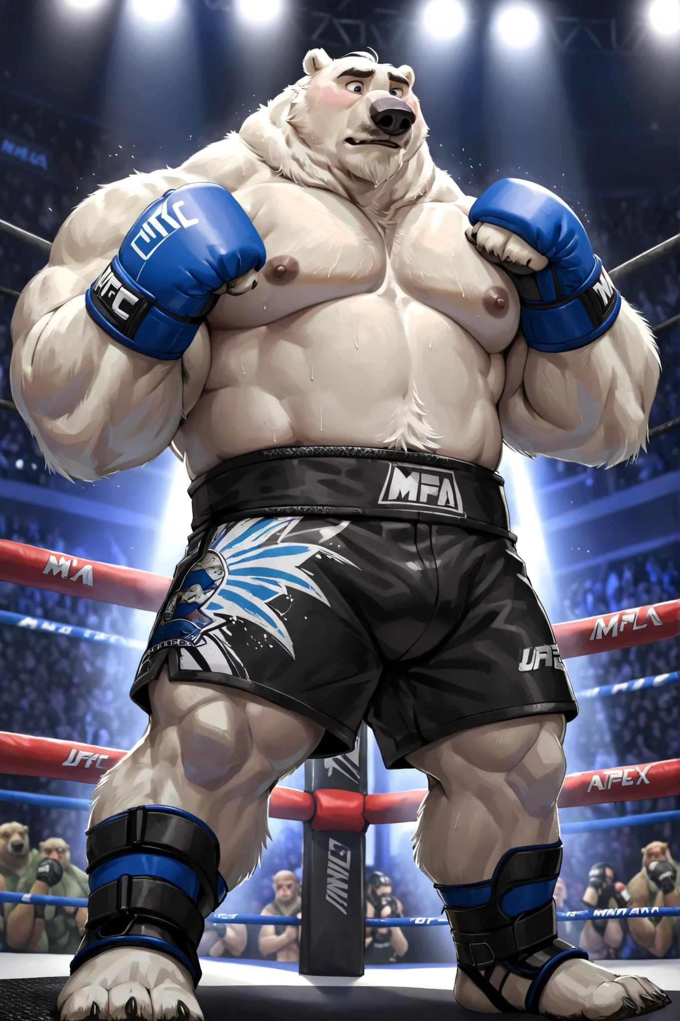 polar bear, old man, male, solo, huge muscular polar bear in APEX UFC MMA championship fighting caged ring, big stances, big grunting, polar bear, huge thick white fur, thick arm, huge arm, thick neck, detailed thick moustache and beard, Short white hair, (muscular, pectoral, wide pectoral, thick arms), height: 220cm (7’8), weight: 254kg (424lbs), lights, tournament, caged fighting ring, Zootopia, masterpiece, eyebrows added, detailed eyes with pupils, (black MMA shorts with blue stripes slits, MMA gloves with blue knuckle pads, and ankle support brace), putting up his fists