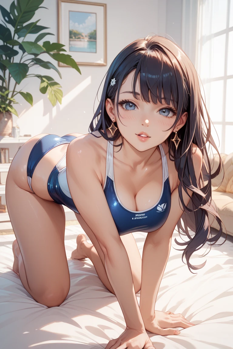 Girl in 1、masterpiece、Detailed beautiful face、((natta、darkened room))、,Detailed beautiful eyes、hight resolution、Ultra-fine illustration、extremely delicate and beautiful、top-quality、The whole body is shown、Squatting、crouching down、(ta:1.7)、college age、Open both knees、独奏, teenr、(de pele branca:1.5), (silber hair, short-cut、Blue eyes),A smile、Smiled face、Hair tied at the back、Curvaceous, (shinny hair, Glossy eyes, shinny skin), (glistning skin:1.2), 、thighs thighs thighs thighs、Arms behind your head、Raise your arms、Armpit、front facing、(small tits),((Competitive swimsuit)),Pichi Pichi clothes、Enamel、ratex、Short skirt、The navel is visible、pelvis curtain、Armpits、A smile、black thighhighs、Watch your audience、under the boobs、Black belly、blushed、perspiring、Jeweled、Parting lips、pantyhose、Blushing cheeks、tiptoes、high-heels、gloves、elbow groves、Recurve the body