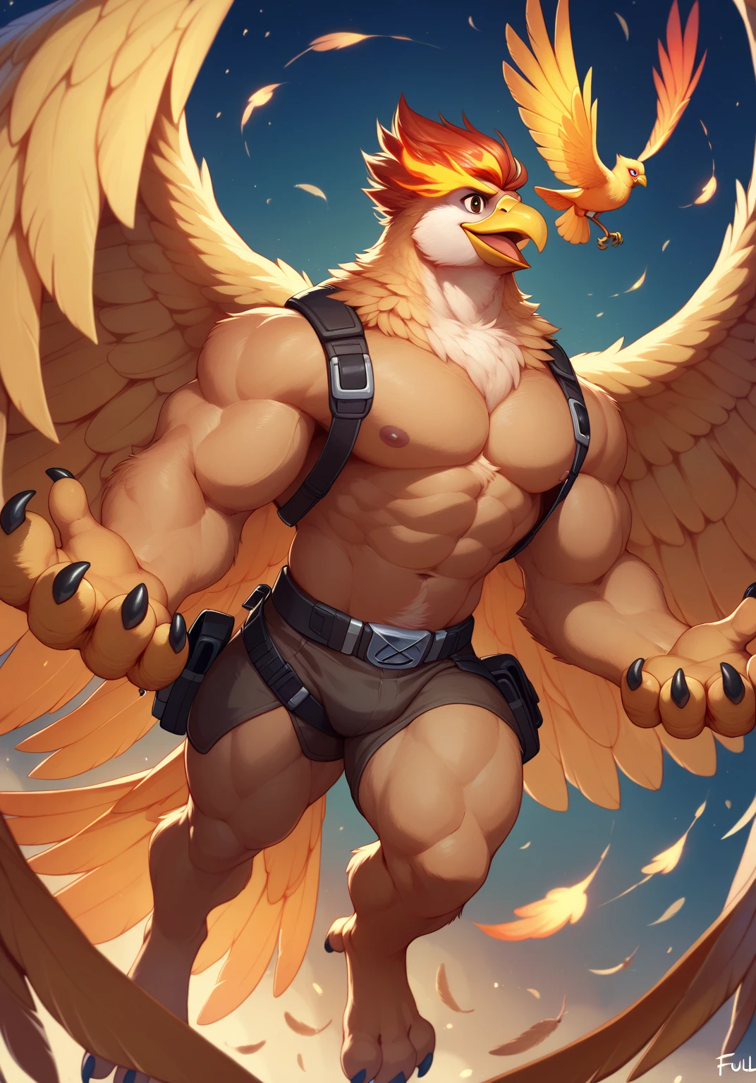 ((masterpiece,best quality)),best res, ((transparent background))El gallo is an actual full bodied , full feathered rooster and is the leader of a Mexican gang of banditos in the early 1900s, he is well groomed but dusty and is brownish-red feathered with a over-stylized large plume of tail feathers and a big, admirable, manly, Mexican mustache, dressed only in old-timey, Mexican bandito gear (thick, worn, brown leather bullet straps crossed over his chest and traditional pistola belt around his wAIST of the same style, and spurs) and stands intimidatingly at an angle with one foot forward in front of a 100% transparent background with a mildly angry, cocky expression, chin up, looking down from the slightly upward point of view of the viewer
