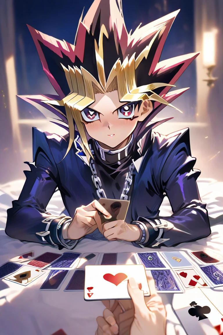 Yami Yugi is playing Old Maid with playing cards, trying to take the viewer's card.