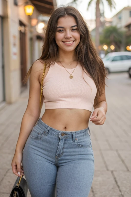 Mujer arafed ((cuerpo completo)), Plaza comercial, Blusa de tirantes rosa, Shorts cortos azules, Girl with brown eyes, Retrato, Brown hair and big eyes, Smiling sensually, Mujer joven, Paris, violeta myers, Maquillaje natural, mirando directamente.