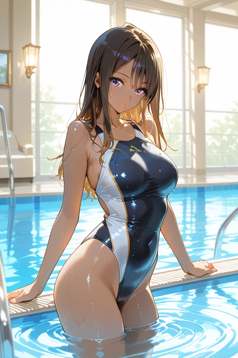 Highest quality、Detailed depiction、Large swimming pool、A large audience、One woman、25-year-old woman、(Big Breasts:1.5)、Simple competitive swimsuit、Wet skin、Show your back to the viewer、Looking up from below、The best smile、Beautiful face、Many layers of eyes、Erect nipples、Crotch line