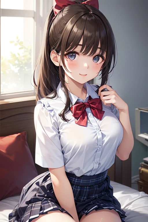 ((masutepiece, Best Quality, hight resolution, nffsw, Perfect Pixel, 4K, nffsw, nffsw))), 1girl in, Single, Solo, Beautie、full body seen、 ((Middle Wave Hair, Bangs, Brown hair)), ((Brown-eyed, Beautiful eyelashes, Realistic eyes)), ((Detailed face, Blushing:1.2)), ((Smooth texture:0.75, Realistic texture:0.65, Photorealistic:1.1, Anime CG style)), medium breasts, Dynamic Angle, Perfect body, ((black bunny ears、Short-sleeved white shirt with open front、、plaid skirts、garter stocking、high-heels、Kamimei)), Classrooms without people、Crawling on all fours on the desk、、early evening、、、Very embarrassing panic smile、soft boob、(、、Open both legs、Red sexy panties)、