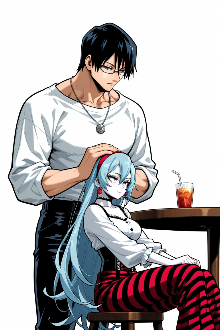 Couple, man 1 and woman, height difference, Touji the man, very tall woman with her hand on Touji's head, sitting drinking mate, round table.

Man 1: man, alone, touji_fushiguro, black hair, black eyes, short hair, hair between eyes, bangs, black hair, muscular man, scar, scar on face, center part, short hair, black hair, muscular body, handsome, cool, black hair, muscular, slim body, broad back, long-sleeved white shirt, black pants, sitting.

Woman 1: zzGhoulia, long hair, blue hair,muscular woman,muscular body woaman,Gothic clothing, Gothic style clothing, Gothic makeup, glasses, colored skin,white skin, light blue hair,blue eyes, very long hair,zzGhoulia, long hair, blue hair, glasses, colored skin, blue eyes, very long hair, jewelry, hairband, earrings, makeup, lipstick, striped, necklace, red pants, fishnets,, large breasts, thighs, hips, white background,Kohei Horikoshi, My Hero Academia