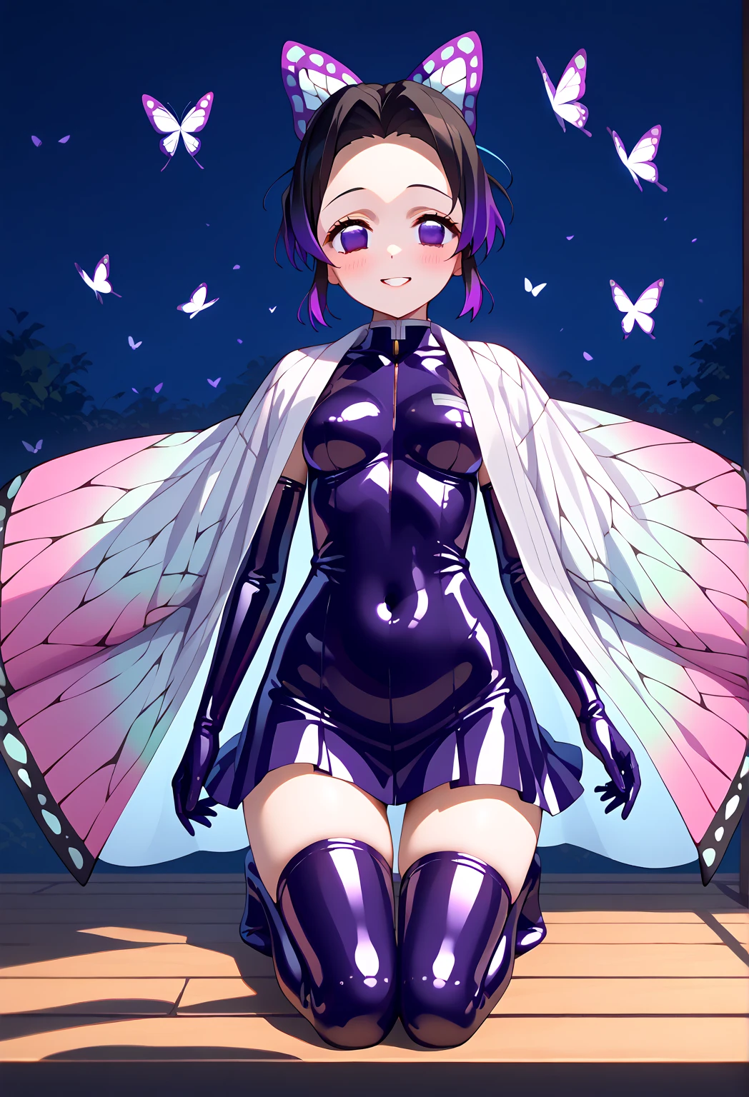 girl,boyish,bob hair, pink Hair, medium Breasts,Black glossy tight suit,Cowboy Shot,blush,sexy face,blue eyes,front leg pose,Tight fit,clearly,Striped pattern, white background, (bodysuit with beautiful butterfly pattern) , Angel Wings