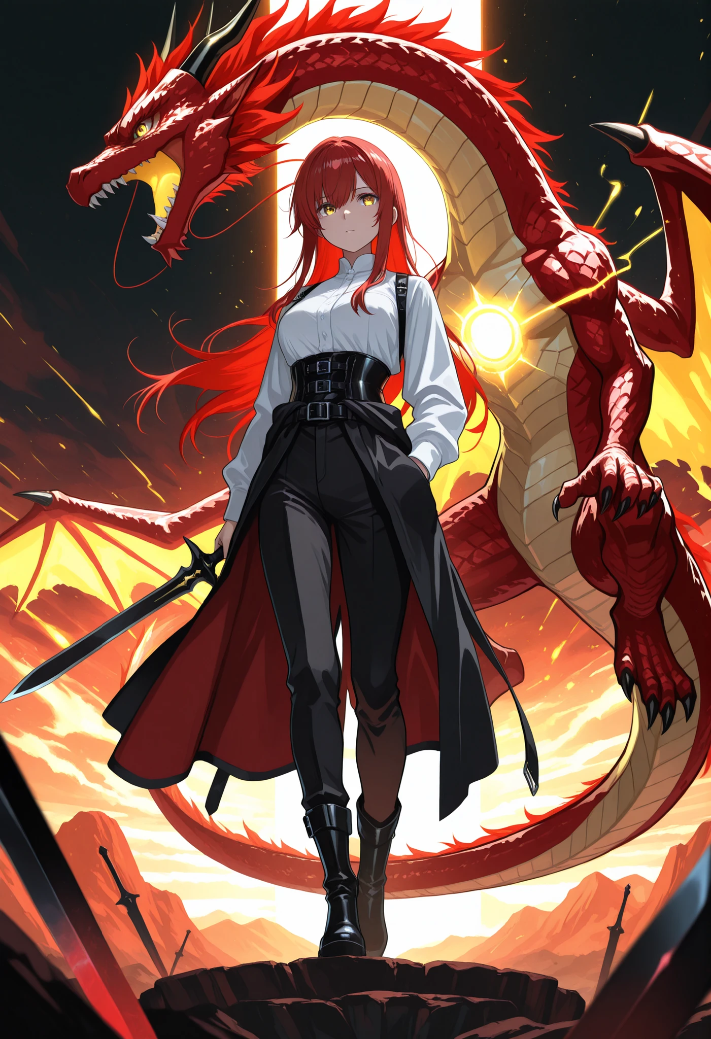 1 woman, dragon, oriental dragon, solo, weapon, golden eyes, long hair, holding, holding weapon, holding dagger, red hair, long sidelocks, black pants with pockets on the sides, Weapon belt around the waist , white top with black corset , two serrated daggers, black blade, black boots,
score_9, score_8_up, score_7_up,,PEAnimeBG, Background, anime, scenery,intensely saturated lighting effects, luminous reflections, HDR-like contrast, vibrant color palette,glowing lights, vibrant reflections, surreal lighting, HDR effect, cinematic vividness
