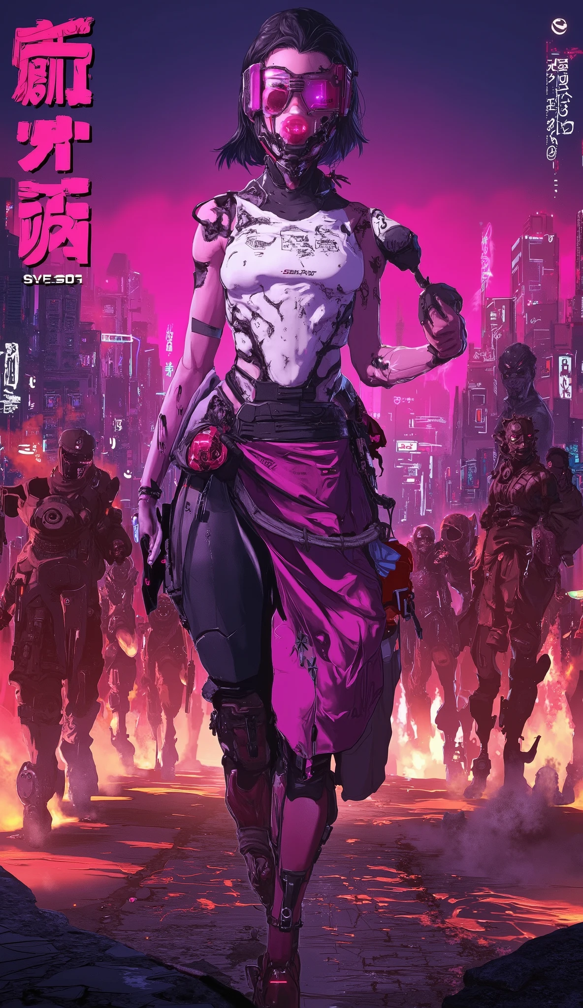 Full-body shot of a slim female game character (face fully visible, determined expression) leading a cyberpunk street rebellion in a WHITE high-neck combat bodysuit (with glowing circuit patterns) layered over a reinforced kilt (magenta fabric strips, chromium panels). Her futuristic over-knee high shockproof armored boots (magnetic soles) crush broken glass as she strides forward. Unmasked rebel soldiers follow her through the chaos. Background: A burning cityscape at night with blurred rioters. Neon pink smoke grenades explode near by. Slow-motion glass shards fly past her from the side, adding an extra layer to this awesome action shot