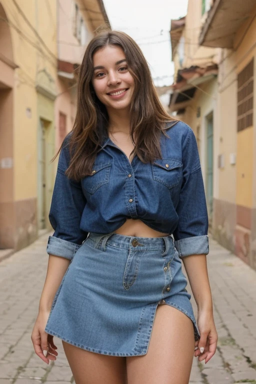 beautiful brunette girl smiling wearing outfit , jeans looking cute posing