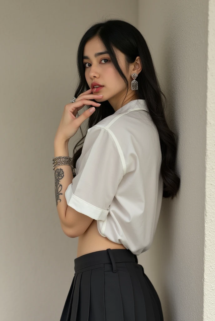 a back and white ink style character resembling 1928 mickey mouse is holdin an oversized pen and in the process of drawing a busy malaysian woman
