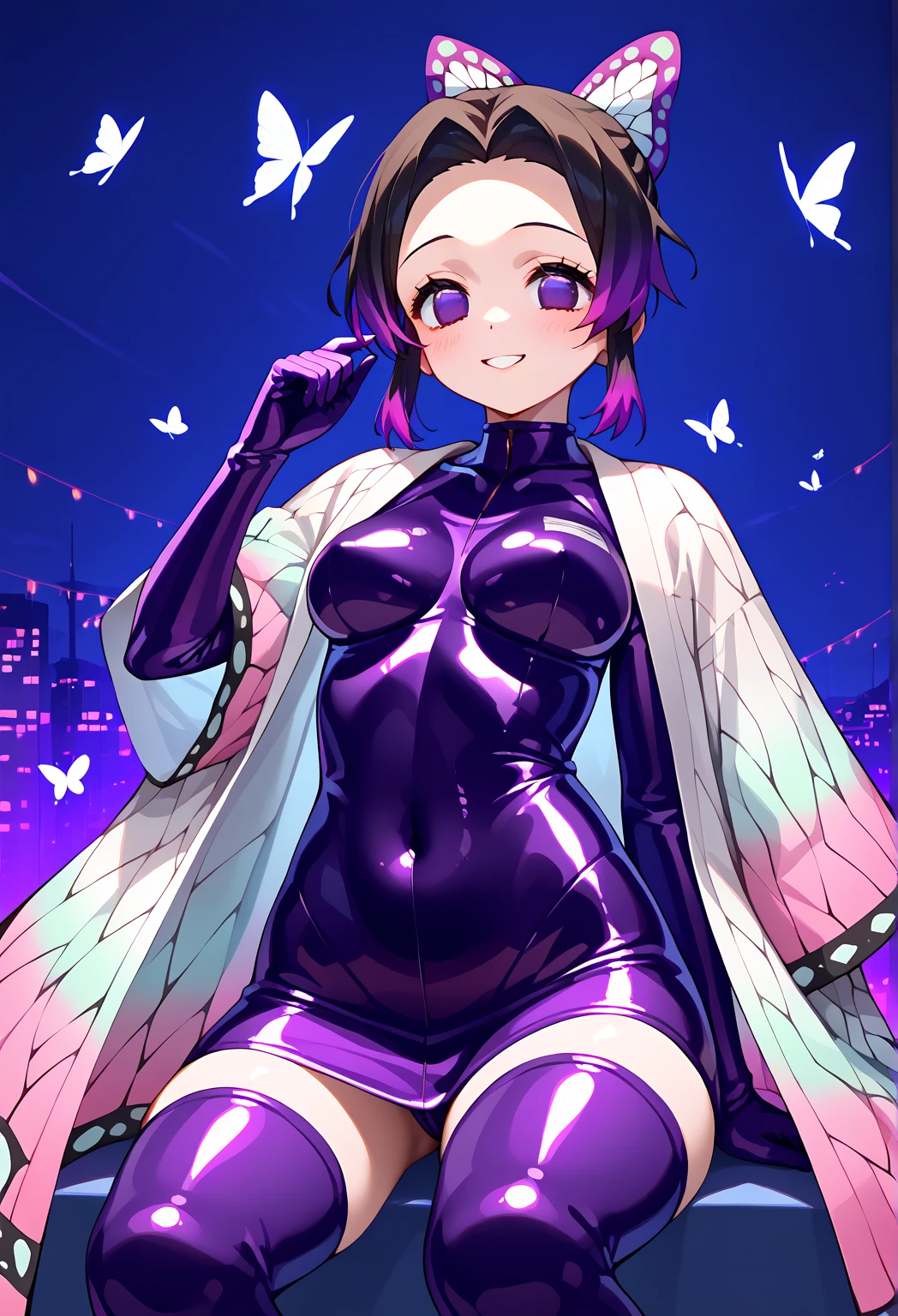 score_9、score_8_up、score_7_up、source_アニメ、1 person、solo、Viewer's perspective、zzBazett、short hair、Purple Hair、Mole under the eye、Fishnet tightsボディスーツ、Reverse Bunny Suit、Fishnet tights、Long sleeve、Mad Cyberspace、cyber punk、neon outline、squat、From below、Spread your legs、Purple Eyes、chest、(Heart Pasties)、Black Pantyhose、A bow tie、White handbag、City、sf、belly button、Seriououth closed