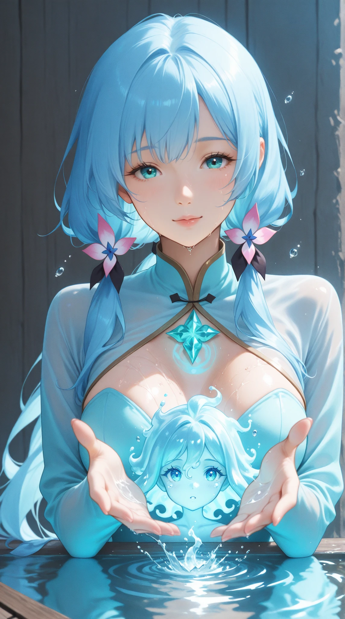 (masterpiece、Highest quality、Highest quality、Official Art、Beautiful and beautiful:1.2)、(One personの大人の女性:1.3)、Twin tails、Moderate bust、Blue Hair、Snow Scene、Snow powder、Smiling face close-up、Glossy Lips、Shining Eyes、The snow queen、Snow costume、Cosplay、(Real、High resolution)、(One personの大人の女性)、The snow queen、Close-up eyes、Asian adult woman、(Highest quality)、(Tabletop)、(One personの大人の女性)、One person、Beautiful adult woman、Perfect Face、dream-like、Very detailed airbrush art((Surreal))、Volumetric Lighting、(Highest quality)、Super detailed、(Structure of movement:1.4)、Very complex and colorful details、(Bright lighting)、moving composition、Ray Tracing、The mirror reflects light、Shallow depth of field、Super detailed、Exposure Blending、Hum、Her eyes shine deeply pink、Snow falling in the background、