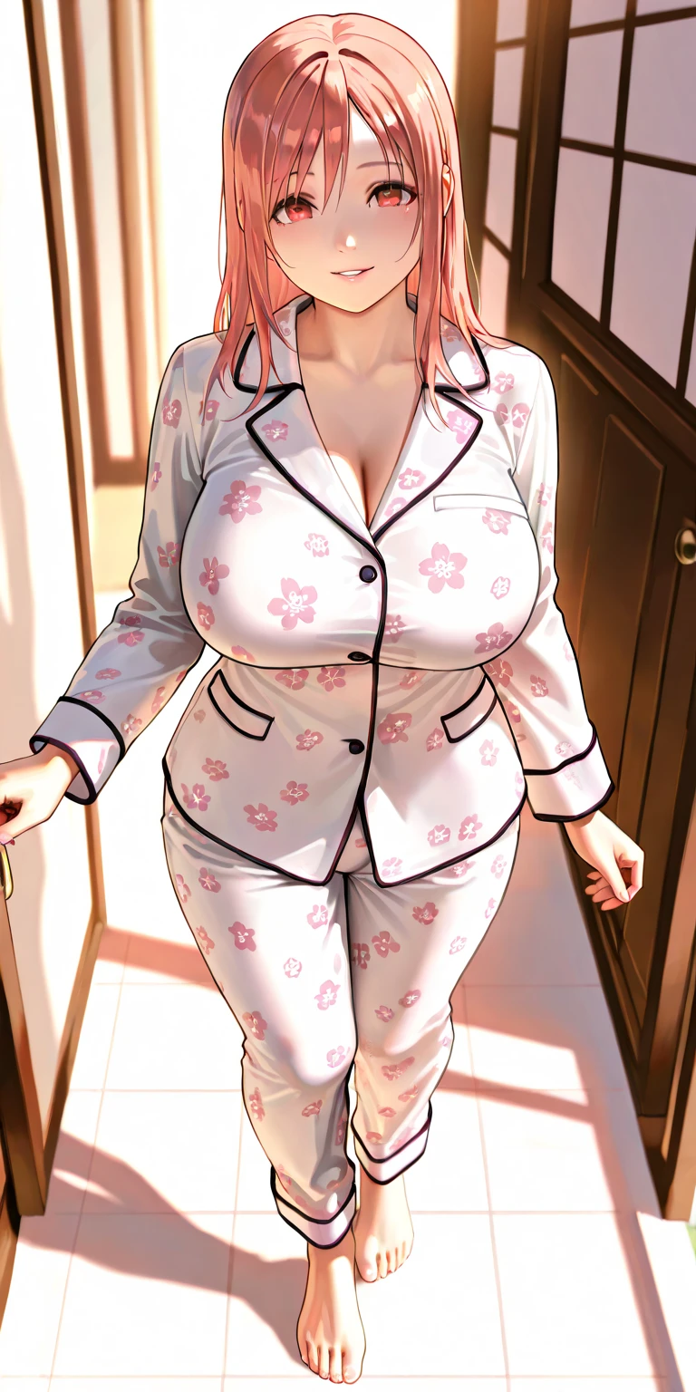 MILF BIMBO KNEELING RED short bob haircut hairband female wearing a pink pajamas, video games, pink outfit, tv, fluffy teddy bear toy 🧸 🐻, bed, white pillow, black gazed cross belt blindfold, bodybuilder abs toned, hands inside pajamas pockets
