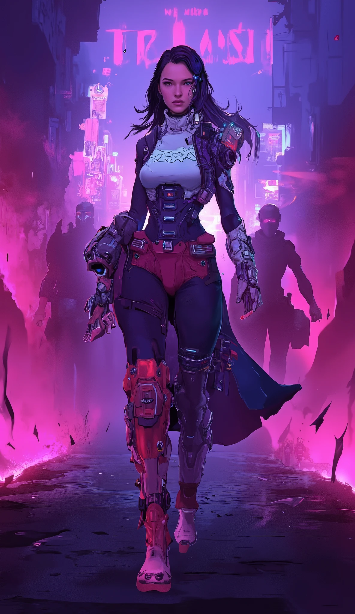 Full-body shot of a slim female game character (face fully visible, determined expression) leading a cyberpunk street rebellion in a WHITE high-neck combat bodysuit (with glowing circuit patterns) layered over a reinforced kilt (magenta fabric strips, chromium panels). Her futuristic over-knee high shockproof armored boots (magnetic soles) crush broken glass as she strides forward. Unmasked rebel soldiers follow her through the chaos. Background: A burning cityscape at night with blurred rioters. Neon pink smoke grenades explode near by. Slow-motion glass shards fly past her from the side, adding an extra layer to this awesome action shot