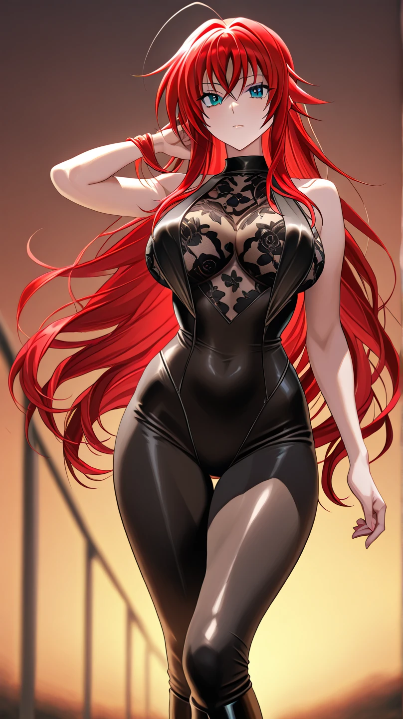 One person,alone,Highly detailed skin,Glowing Skin,Expressionless,Redhead,amount,Long Hair ,eyelash,Lip gloss ,Big Tits,Full Body Suit,Fishnet arms,Cleavage cutout,Ninja clothing ,Put your arms behind your back,Cowboy Shot,Wind Magic,Dark background,masterpiece,Highest quality,Super detailed,High resolution,Sharp focus,Lots of images