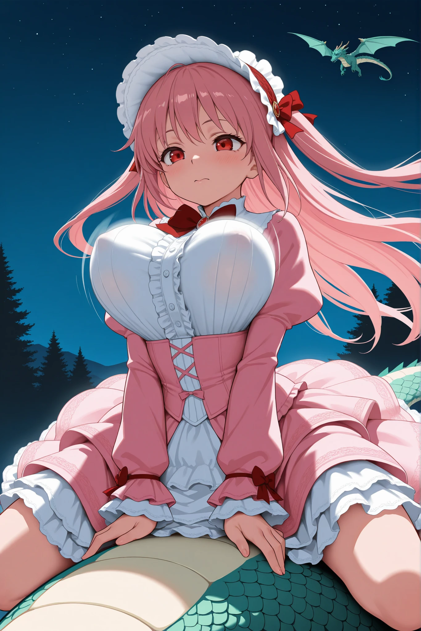 Visualize an anime girl with cotton-candy-pink hair styled in voluminous ringlets, adorned with latex ribbon bows. Her swimsuit, a fusion of Lolita fashion and sleek latex, features a pastel color palette with ruffled lace trims. Posing in a whimsical latex garden filled with oversized mushrooms and glow-in-the-dark flowers, she stands with a parasol. The latex swimsuit has ribbon bow-shaped details and lace frills, and her expression is one of innocent enchantment, capturing the whimsy of a Latex Lolita Enchantress.