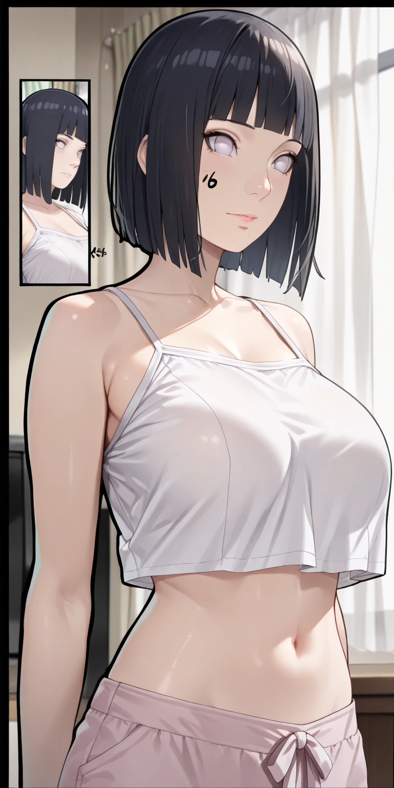 ((masterpiece)), (Highest quality), (detailed), (1 Girl),White cropped camisole,Red eyes,Black Hair、Huge breasts、Very short hair、