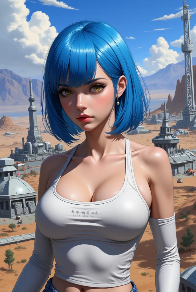 ((Earth-chan character from internet)) ((beautiful face)) (red lipstick) ((big bright eyes)) ((short blue and green hairstyle)) ((very huge breasts)) (perfect slim body) ((wears white tiny sttings thong with nasa logo and short low cut pants)) ((choker)) (high resolution dynamic lights and shadows) ((masterpiece)) (8k) (perfect face) (best quality) (perfect hands and eyes)