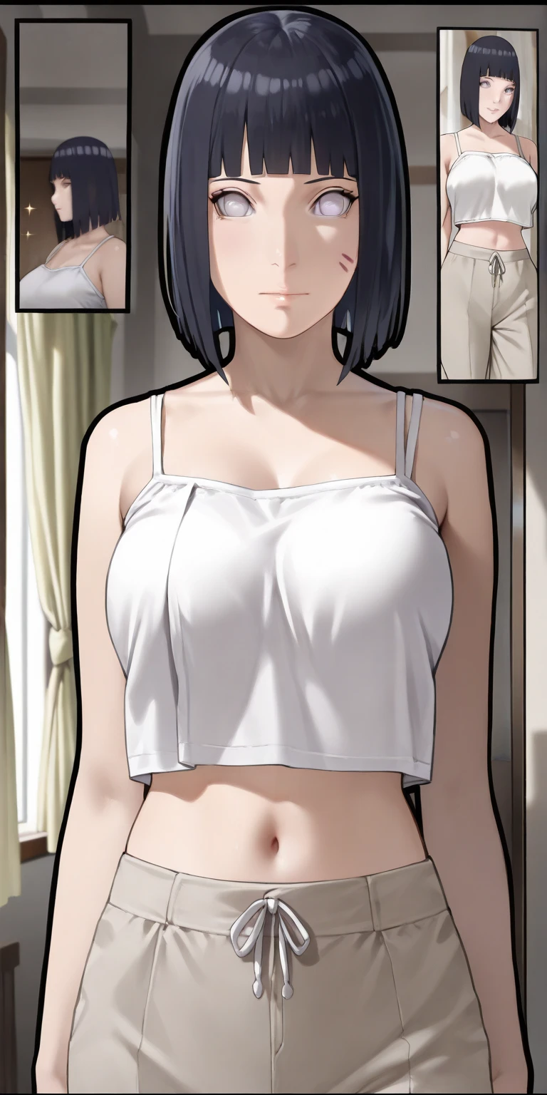 Hyper realistic super detailed sexy Lina, Very detailed, expressions faciales sexy, seductive facial expressions, [:(Face detail: 1.4): 0.4], 16K resolution, 4k resolution, dinamic lighting, High definition resolution, (hyper realistic: 1.4),(contrasting background: 1.5), (Anatomy of the hyperrealistic arm), (Hyperrealistic anatomy of the legs), (peau propre), (lighting cinematic: 1.7), (intime), (Technologie NVIDIA RTX Ray Tracing), Lina, breasts, short hair, brown eyes, tank top, thighs, strap slip, camisole, large breasts, underwear, see-through, bare shoulders, breasts, collarbone, navel, arms under breasts, panties, black panties, white tank top, covered nipples, earrings, masterpiece, looking at viewer, best quality, highly detailed, desire, blush, perfect hands, blush, shy, tight gap, skindentation, room.