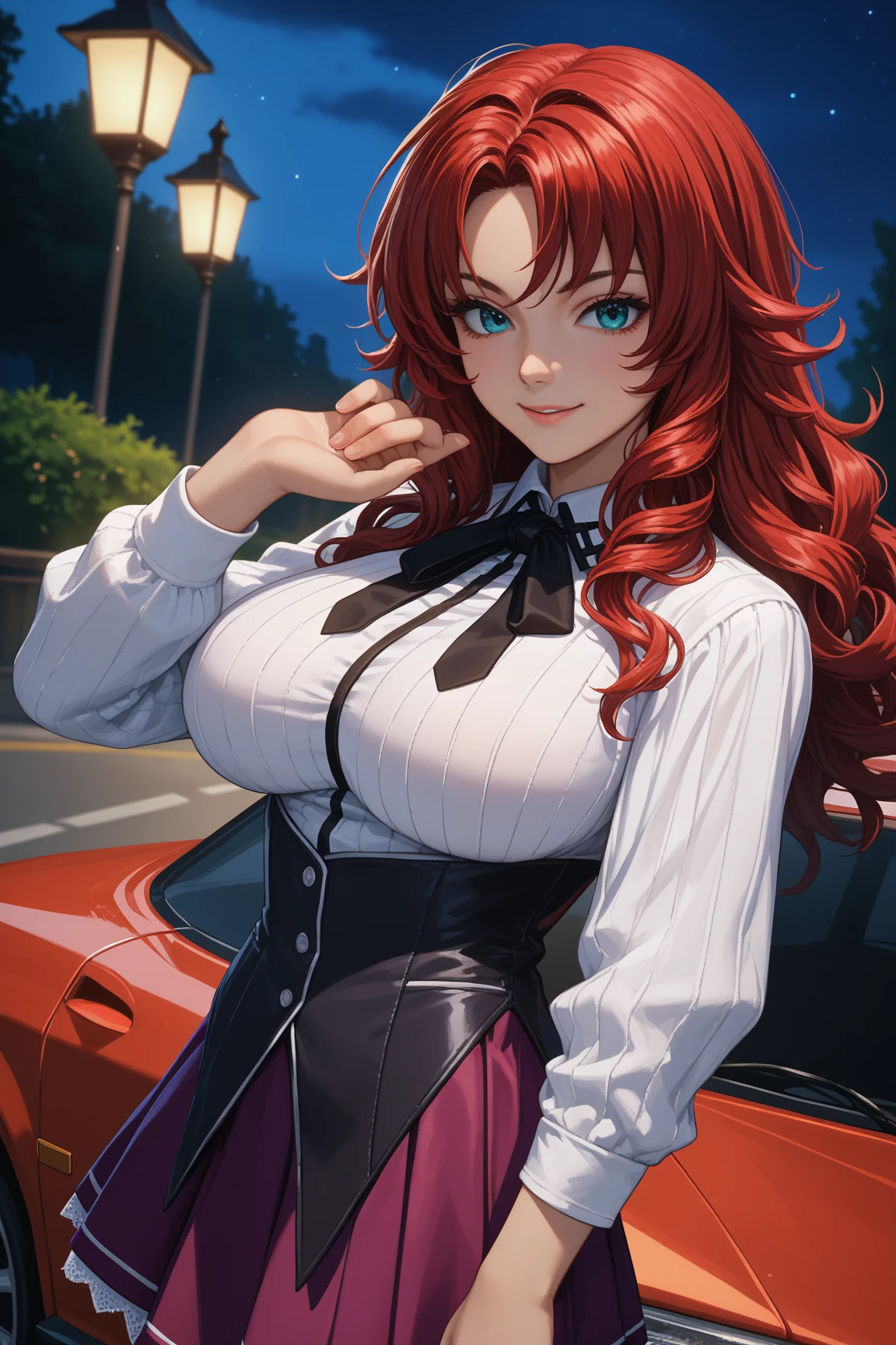 green eyes, red hair with long bangs, noble. wavy long hair. strong woman. she quiet. wear purple and black t shirt. dominant woman. mafia. mature woman. girl boss. badass woman. gangster. hair so long have bangs. gangster