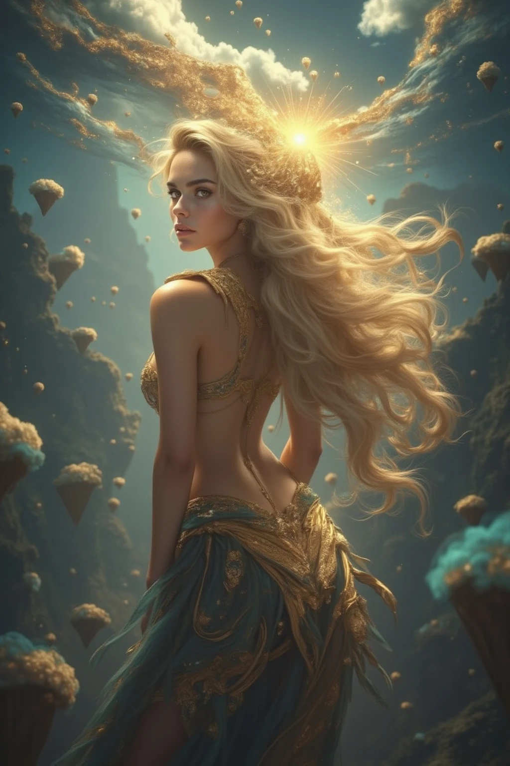 (Realistic, Full Body Nude, High Quality, 4K), A sexy 25-year-old girl poses solo, Her long golden hair cascades down her back, Her sapphire blue eyes fixate on the viewer, Bare shoulders, adorned with delicate jewelry and a golden off-shoulder necklace, Her full body is on display, with tits that are naturally firm and standing proud, The intricately detailed skin texture and veins are visible, Showcasing a full frontal nudity, The hue of her skin glows under the soft light, Realistically rendered with every curve and feature meticulously crafted, A captivating sight that leaves