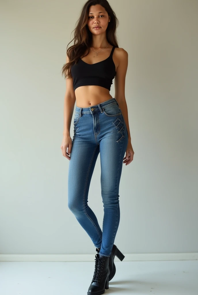 ((best quality)), ((masterpiece)), (detailed), 1 girl, 18 year old, Full body photo, slender figure, hot tight jeans with labia illustration, black top, Belly-free, hand in der Jeans, Orgasm face,