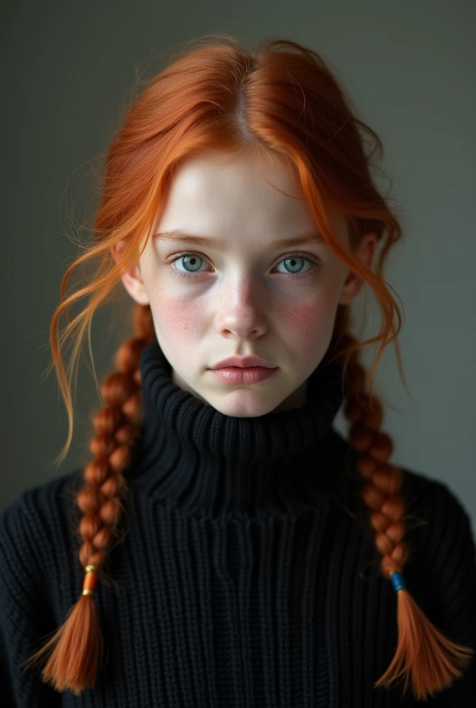 a close up of a woman with red hair wearing a red sweater, long braided orange red hair, complex redhead braided hair, red braided hair, red intricate long braids, two pigtails hairstyle, pigtails hairstyle, ginger hair, flowing ginger hair, orange braided hair, redhead girl, long ginger hair, red hair and attractive features, red head, redhead woman