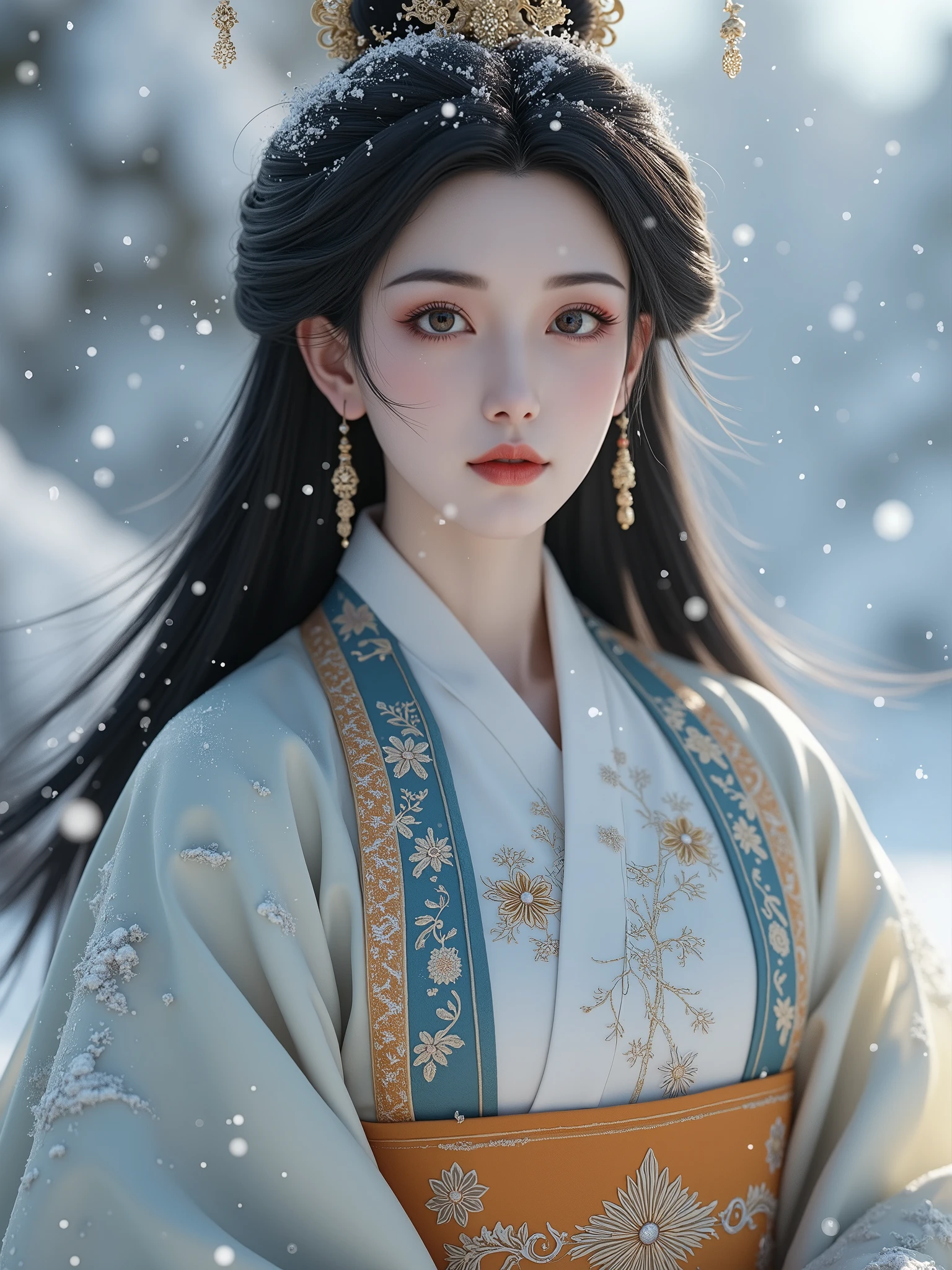 lz. A photorealistic image of an Asia woman,long hair, pale skin, hanfu, snow