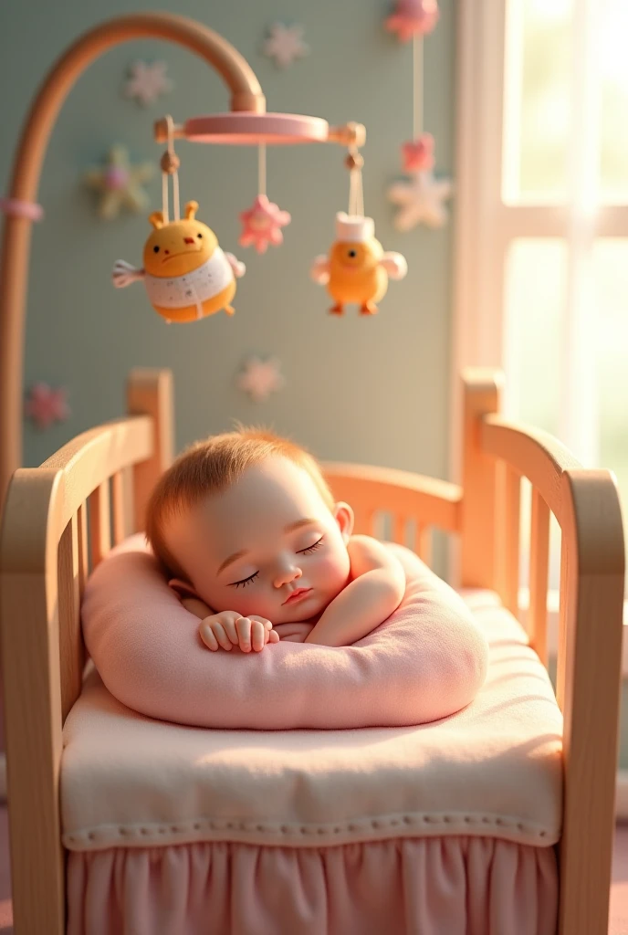 I need an image of a baby in a crib looking at a carousel with hanging ships.