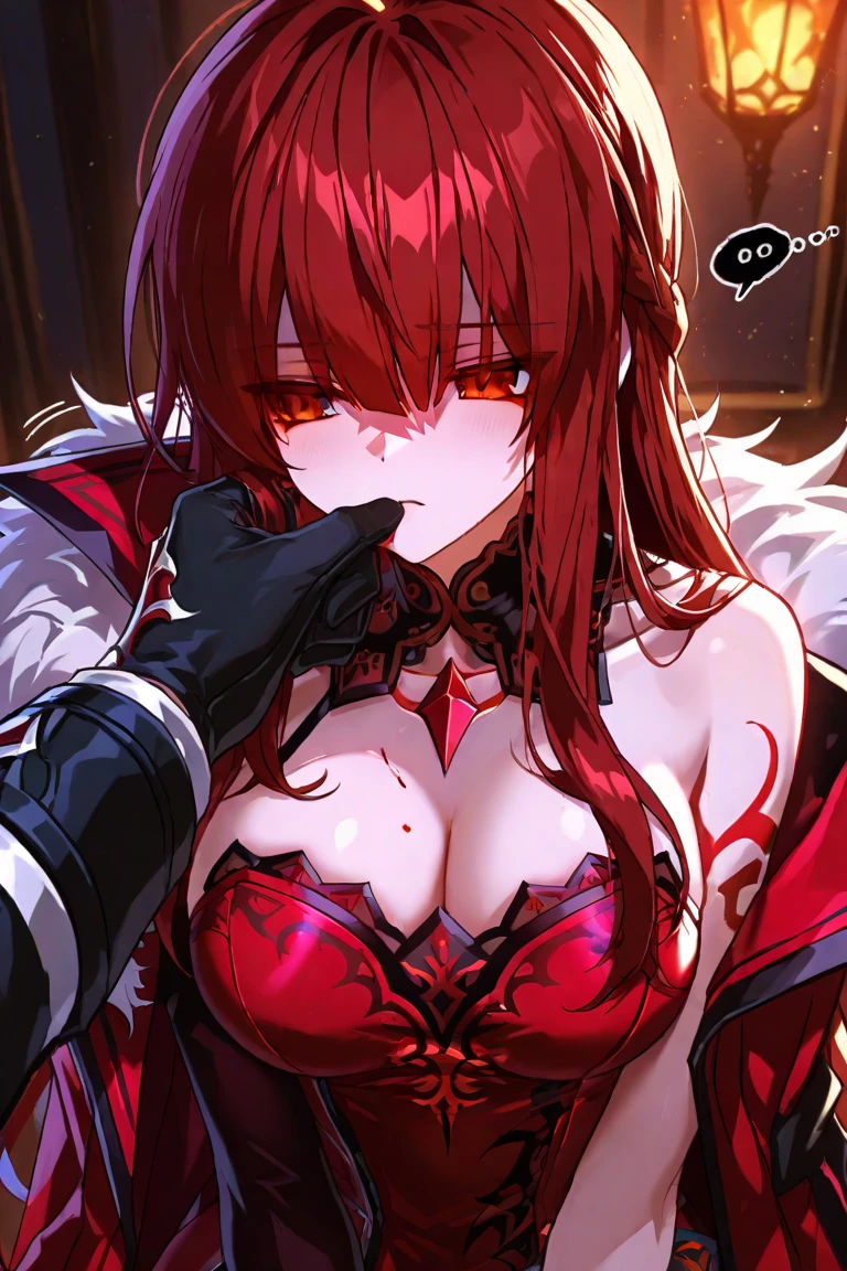 (masterpiece)、(absurdres)、(ultra detailed),Crazy Eyes、despair、Dark Side、half-closed eyes,,Tears of Blood、Red tears、Blood droplets、darkness,Blood pool、wariza,独奏,Tall woman:1.2、huge breast:0.7、wavy hair:0.8、red long hair:1.1 、yellow eyes、hair between eyes、purple kimono、Touch your face with both hands、