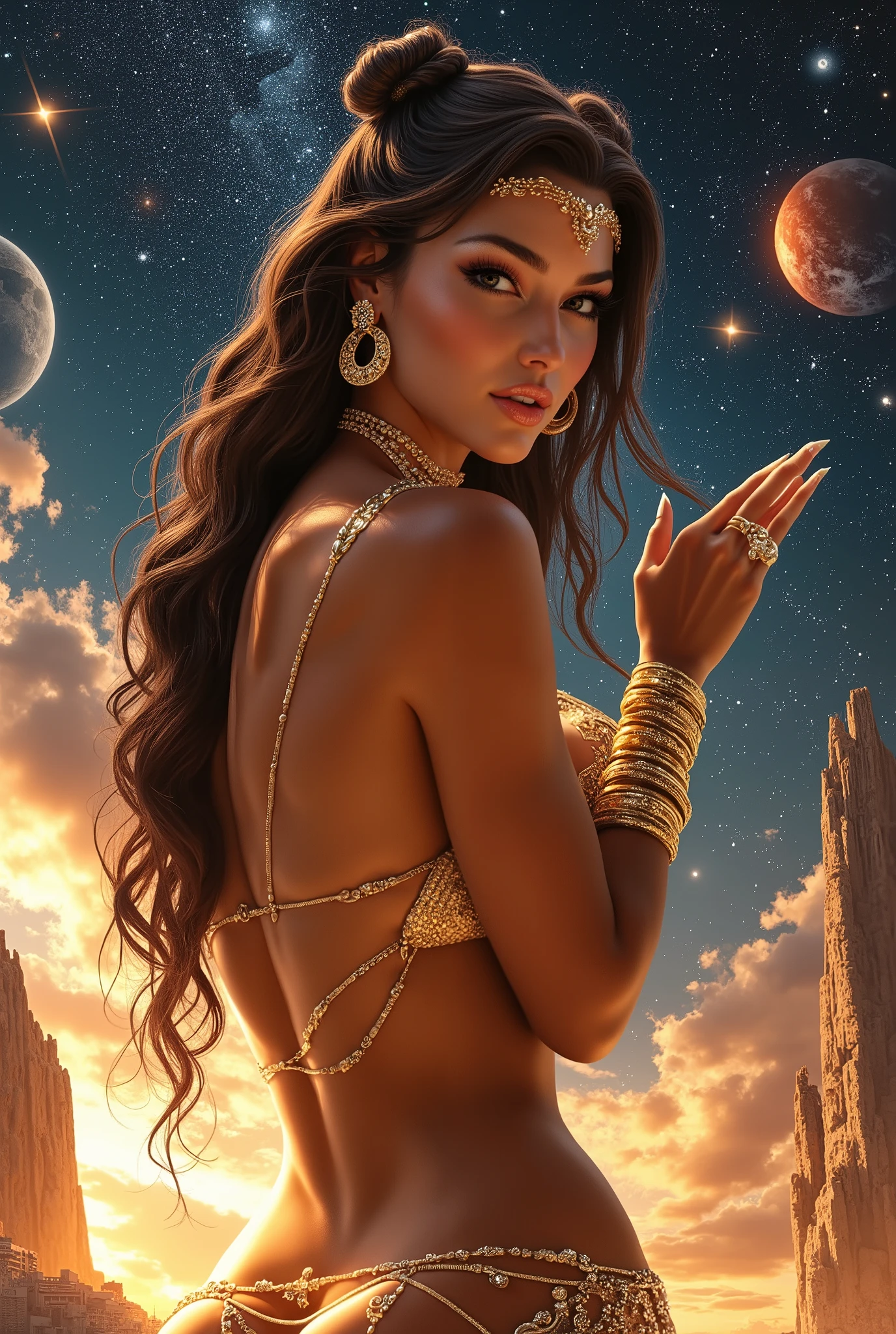 ( Masterpiece, 4k resolution, ultra-realistic, very detailed) Turkish goddess photography by artgerm, in the style of realism, glistening skin, cartooncore, mangacore, natural lighting, Defined full lips. Muscular fitness feminine body (In space)