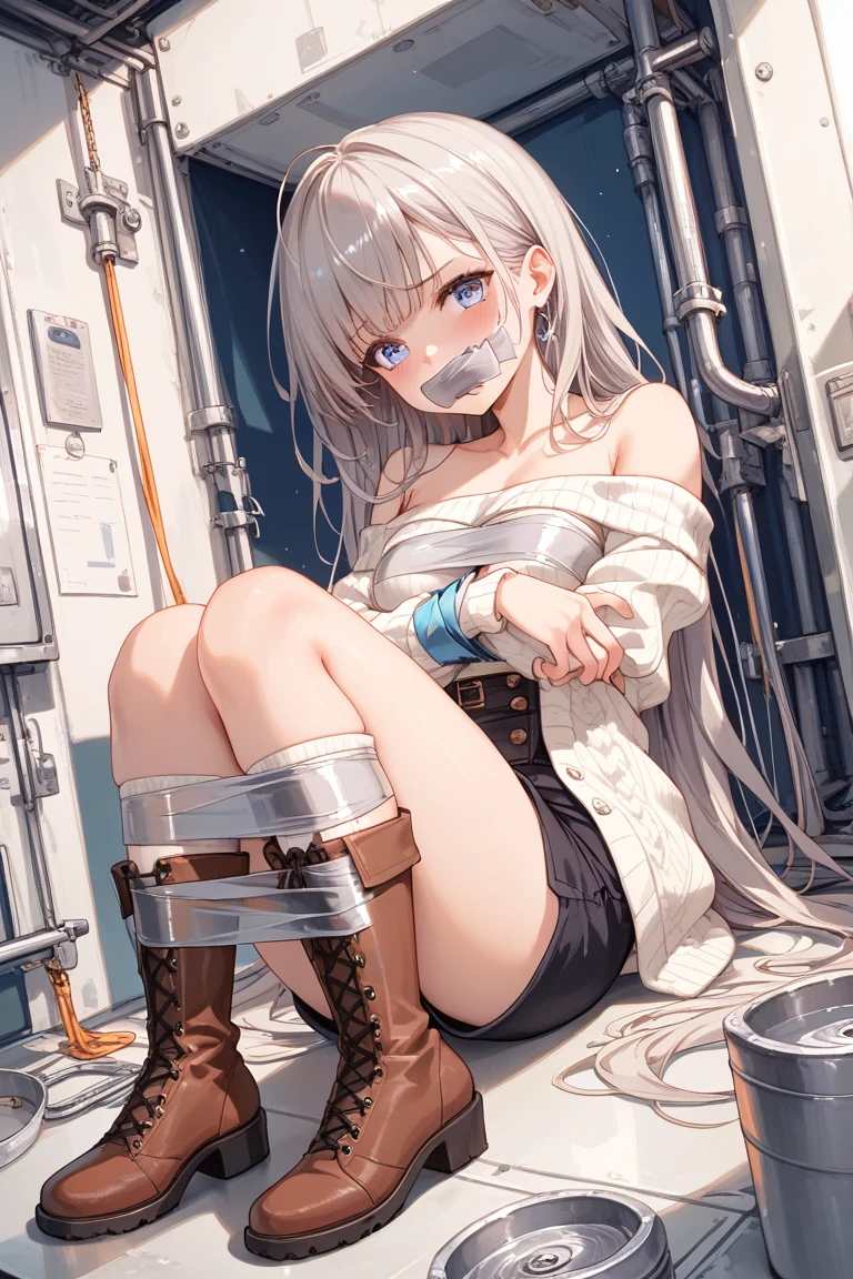 NSFW, 4k, Perfect Anatomy, Exact number of legs, masterpiece, highest quality, high quality, best quality, high detail, super detail, very detailed, detailed light, best shadow, textured skin, (realistic), blush, ((afraid, anxiety, petrified)), (pluggag:1.3), ((1girl, solo, Kiriko Yukoku, neck ribbon, silver hear)), ((looking at viewer)), ((restrained)), (tied, shibari, tied up with rope:1.5), (slender:1.3), thighs, (arms behind back:1.5), (spread legs:1.5), (in stocks pose), ((sitting on the toilet bowl, toilet))