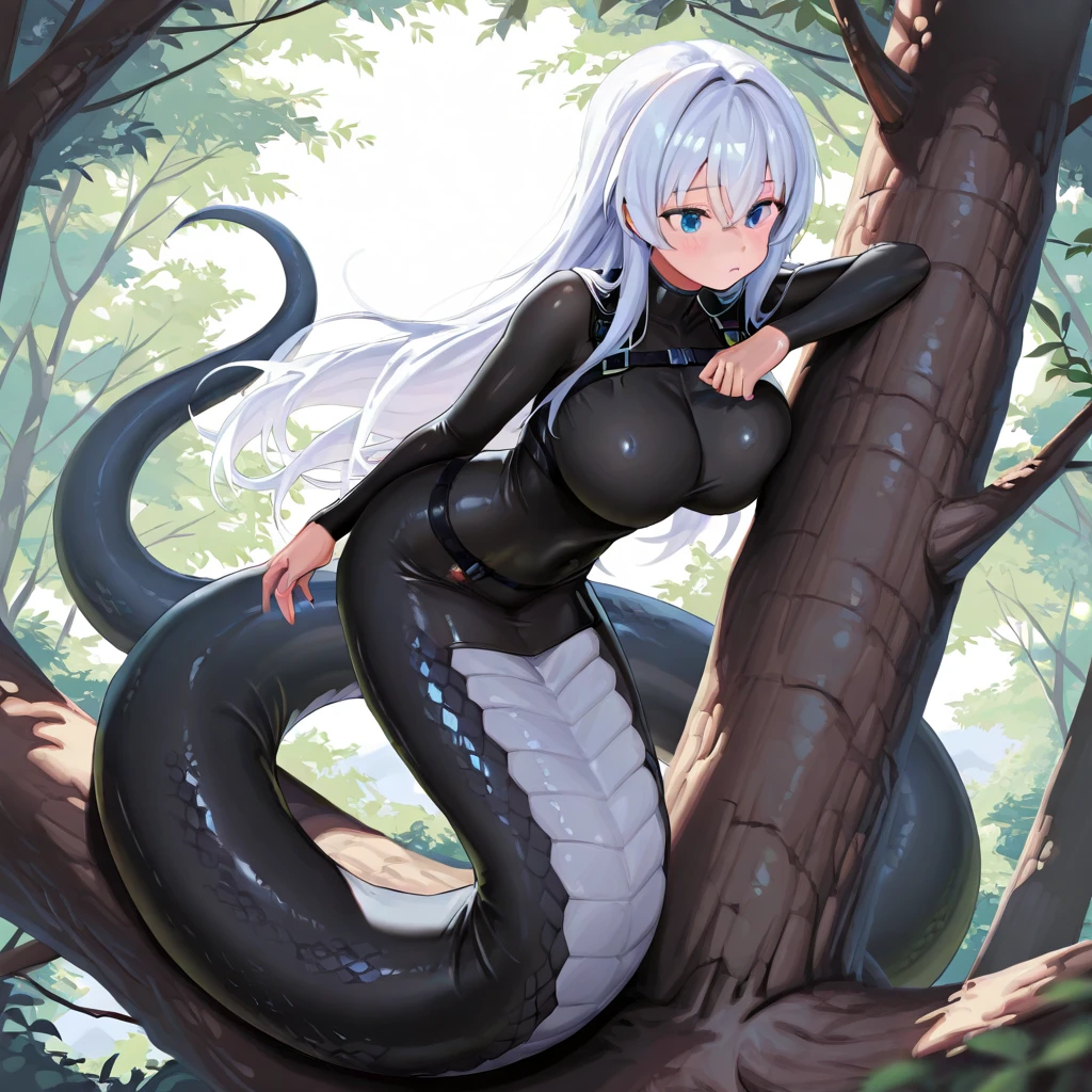 A woman with huge breasts wearing a dress with the lower body of a giant snake,long shot,太い腕,foot focus