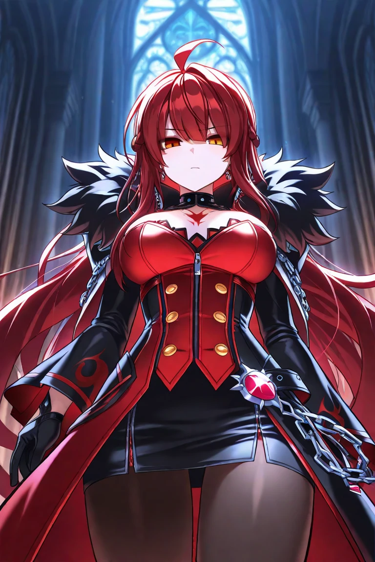 This character is a woman with an imposing and captivating appearance. She has long, flamboyant red hair that falls elegantly over her shoulders and down her back. His eyes are an intense red, adding an aura of mystery and danger. She has a pale complexion and fine facial features, with lips often drawn into a slight, enigmatic smile. She wears a sophisticated outfit, probably a dark uniform or suit, which reinforces her professional and serious appearance. His posture is straight and confident, exuding unwavering confidence.