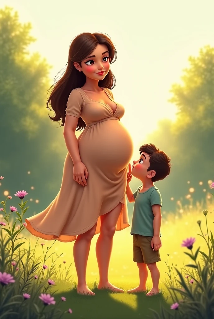 A brunette girl, green-eyed, curly-haired pregnant with a brown-haired child, brown eyes and tigueño, with a man with ocean blue eyes and black hair