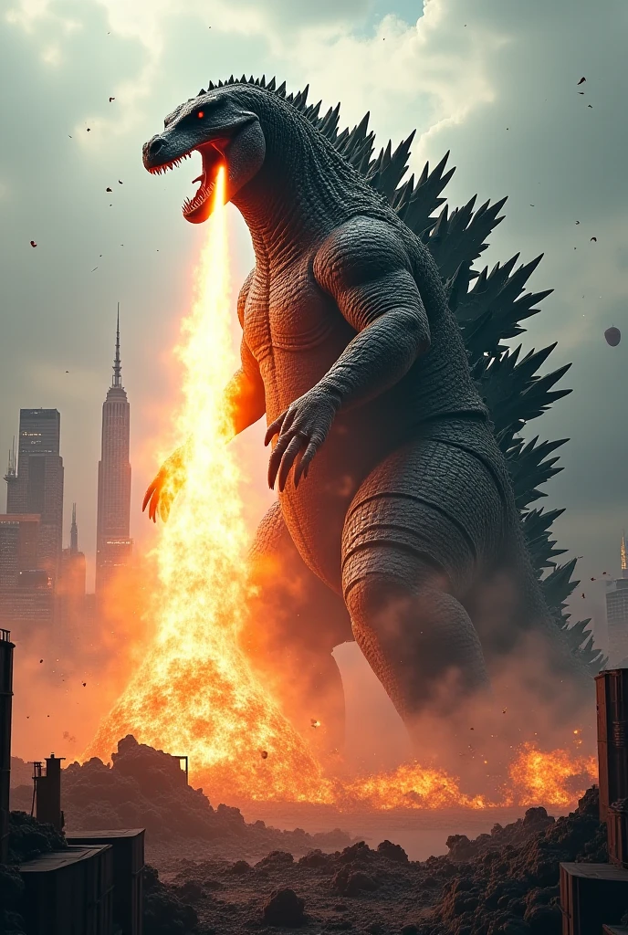 Godzilla roars at a UFO in frustration, then shoots his atomic fire breath at it. On the outskirts of Tokyo
