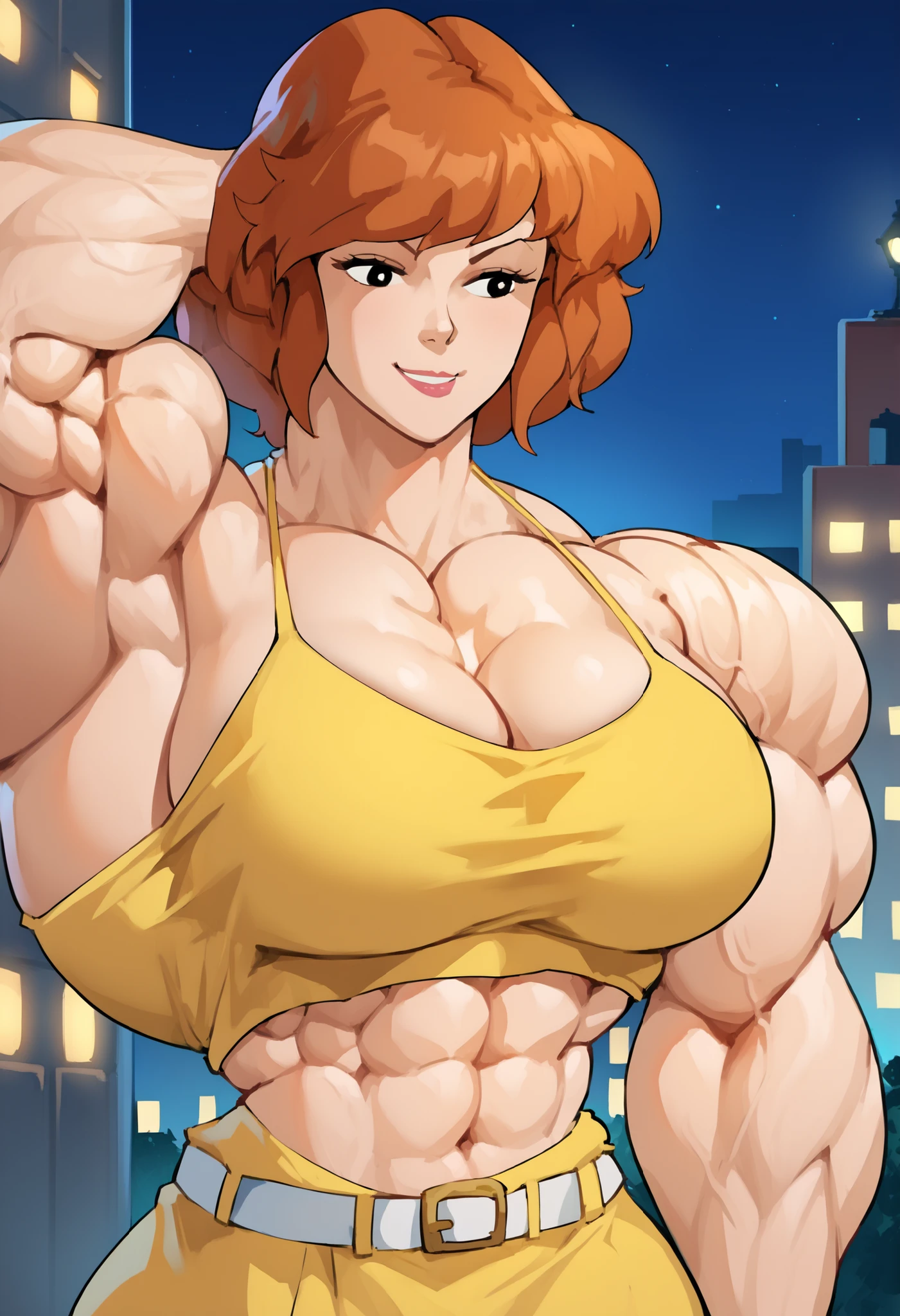 score_9,score_8_up,score_7_up BREAK april2003,1girl,short hair,green eyes,red hair,yellow bikini,,clavage,sleeves rolled up,lipstick,cowboy shot, muscle girl, muscle body, huge muscles, massive muscles, huge biceps, massive biceps, oversized biceps, gigantic biceps, hyper biceps, abs, thigh muscles