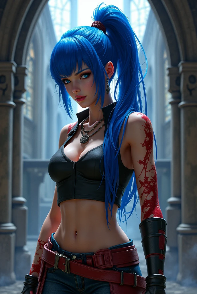 Perfect waist cut, Large breasts, Warrior girl with a scimitar on hand, Skimpy organza clothes ,dark blue hair with red highlights, (perfect nose), Seductive gaze, Boots on high heels (Best Illustration), 8k Resolution, Intricate Details, Best Quality, Realistic, Ultra Detailed, Best Lighting, Best Shadows, Ultra HD, A Necromancer style, Night, Magic, Dark Style, Vampire, (shining red eyes:1.6), masterpiece, high_res, Beautiful face, tyndall effect, photo realistic, (high detailed skin:1.2), 8k uhd, dslr, high quality, Photograph, high resolution, 4k, 8k, Bokeh, absurdres, ponytail contorted, best ratio four finger and one thumb, front view, dark blue hair gorgeous, perfect proportional skinny fitness body, full body view, wet skin, wet clothes, dark cathedral baground scenery, huge bobs, belly muscle, long fit perfect legs, fishnet Stockings,