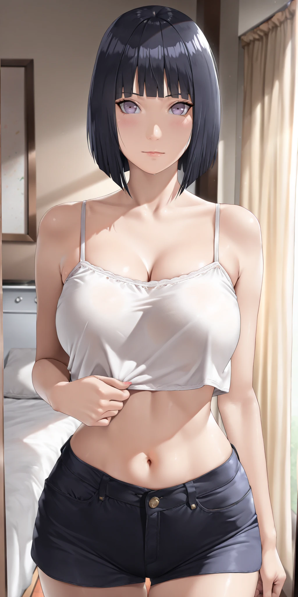 1 girl - Hinata Hyuuga from Boruto: Naruto Next Generations, mature female, housewife, dark navy hair, short bob hair, straight hair, slightly disheveled, crop top overhang, white camisole, front view, indoors, curtains, milf, soft light, high detailed, best quality, upper body, F Cup Breasts, very large breasts, perfect breast, upper body, ultra detailed, highres, best quality, home, semrealistic, cowboy shot, looking at viewer, top body transparent dress covered in sunlight reflection view, light-purple eyes, hot pants, sexy waist, midriff, navel, flat stomach, sexy hips, sexy figure, masterpiece, best quality, very aesthetic, absurdres, masterpiece, exquisite quality, highest quality, masterpiece, highest quality, (alone), Textured skin, absurdes, High resolution, best quality, highres, ((((highest quality)))), (((Ultra-precision CG 16K))), (((masterpiece))), (((Very detailed))), (((Extremely detailed))), Maximum clarity and sharpness, Surface Shading, Cinematic lighting, Beautiful details ,Perfect Proportions, accurate, Anatomically correct, Highly detailed face and skin texture, Highly detailed facial and skin texture, Detailed eyes, beautiful hair, Beautiful, Beautiful and beautiful eyes, Beautiful body, Beautiful breasts, Beautiful thighs, Beautiful legs, Beautiful fingers , ((Beautiful Skin)),