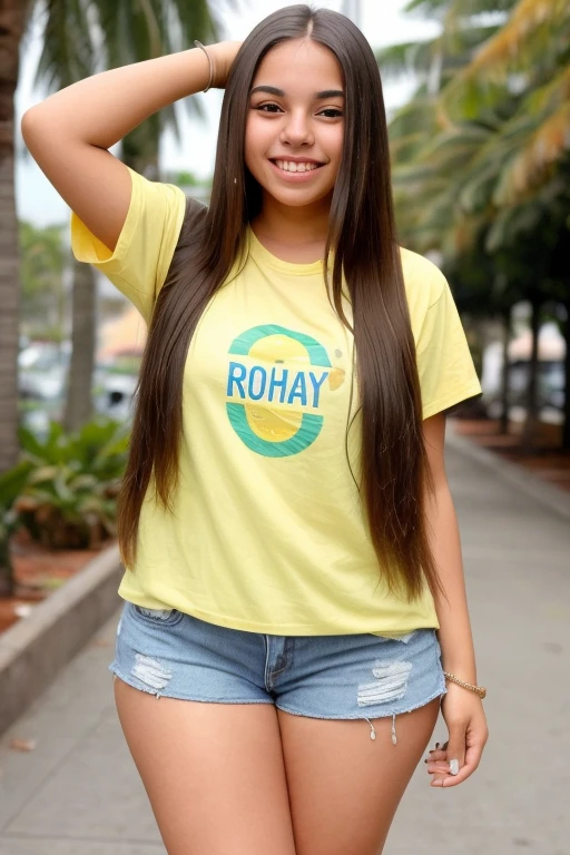 masterpiece,ultra detailed,black cap,patterned white t-shirt,denim short pants,(tanned skin),plump mature face,brown hair,(tareme:1.1),make-up,cotton shirt jacket,28 years old,seductive female,smile,curvy gyaru