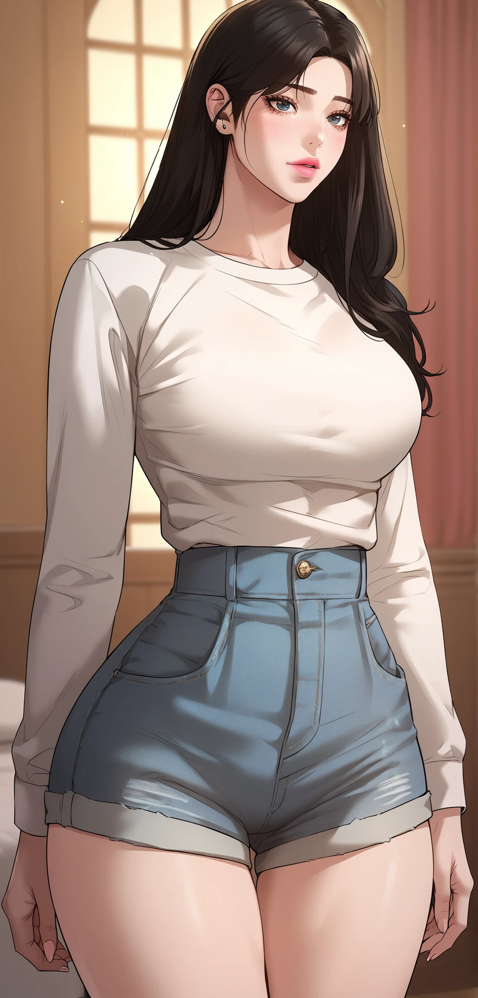 ,score_9, score_8_up, score_7_up, score_6_up, score_5_up, score_4_up, ((, 1girl, long hair, black hair, black eyes, grey eyes, blue eyes, parted bangs, pink lips,white shirt, long sleeves, shirt tucked in, high-waist shorts, denim,
seductive expression,(masterpiece)), Highest quality, Very detailed,(One Girl), master piece, best quality, score_9, score_8_up, score_7_up, score_6_up, score_5_up, score_4_up, masterpiece, best quality, very aesthetic, absurdres, Score_9, Score_8_up, Score_7_up, Score_6_up, Score_5_up, Score_4_up, Source_anime, Tag1, Tag2, Best quality, High quality, Detailed, High resolution, 8k, Ultra high res, Soft saturation, Professional quality, Perfect contrast, Perfect lighting, Anatomically correct, Huge breasted, Wide hips, Gargantuan butt, Sensual woman, young female, seductive BREAK Face focus, detailed face focus,(nsfw:1.3, steam:1.3), slutty expression, sexy look, standing
