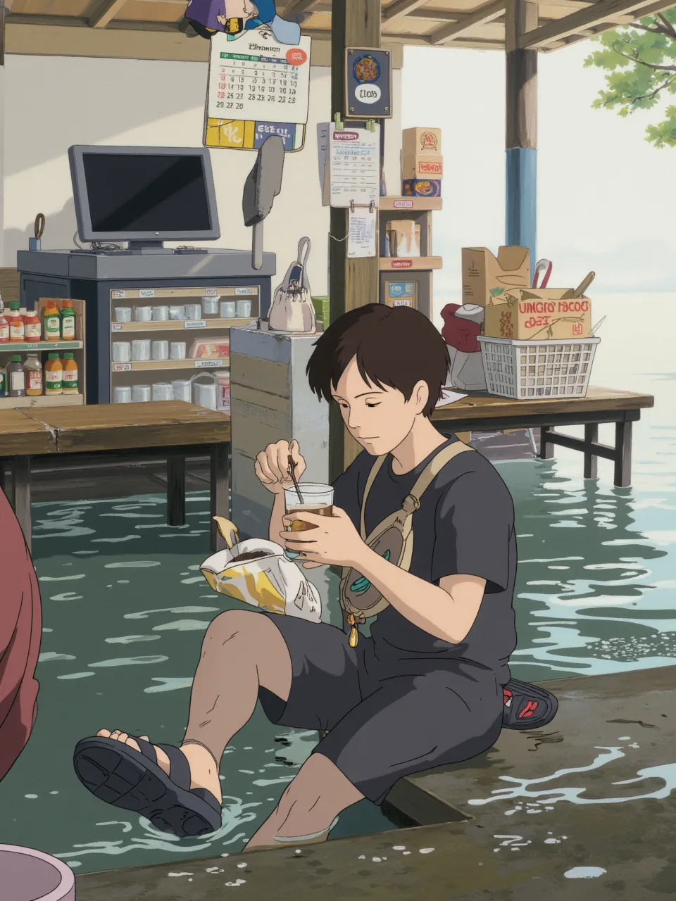 portrait of 5--old onesian boy in a contemporary setting, short hair, full body, drinking carton milk with straw