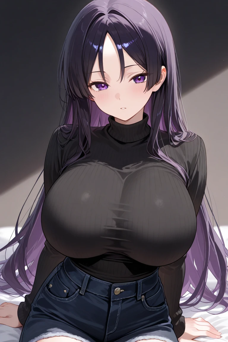 best quality, masterpiece, extremely detailed CG, extremely detailed 8K wallpaper, standing, HDR, 1girl, solo, indoors, cowboy shot, solo, looking at viewer, long hair, messy hair with eye covering bangs, brown hair, intricate details, hyper detailed, Beautiful Fingers, Beautiful Nose, Beautiful character design, perfect face, facing viewer, huge breasts, slim waist, gigantic breasts, purple eyes, brown jumper, blue jeans, slightly narrow eyes, light facial freckles, facing viewer, nerd, nerdy girl, in a college club room, hair over eyes, pale skin, baggy clothes, sloppy, hair over one eye, anime style, blushing, shy smile, baggy black sweater, nijistyle, very messy hair, ahoge