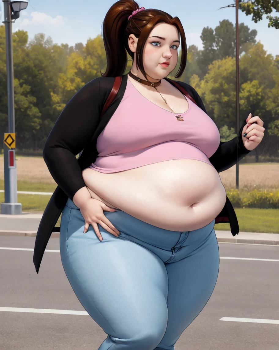 cartoon of a fat woman in a small red jacket and jeans, she has a jiggly fat round belly, insanely inflated hips, thicc, her belly is fat and round, big belly, fat woman, cel shaded!!!, obese ), extremely plump, big stomach, bloated, full body portrait of a short!, fullbody commission for, obese
