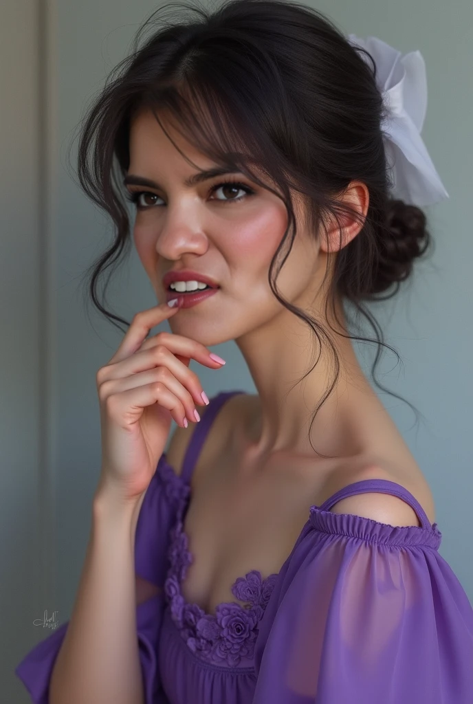 Jewish woman, black hair, black eyes, shaggy bearded torso, hairy chest, hairy legs, wears a pink low-cut dress