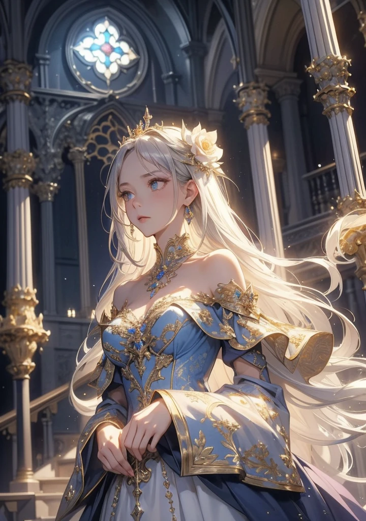 Jeune femme, vêtue d'une robe royal, un regard mignon et doux, and an angelic smile, a body of a goddess whose dress molds her forms, un visage parfait, et des yeux de couleur roges sang