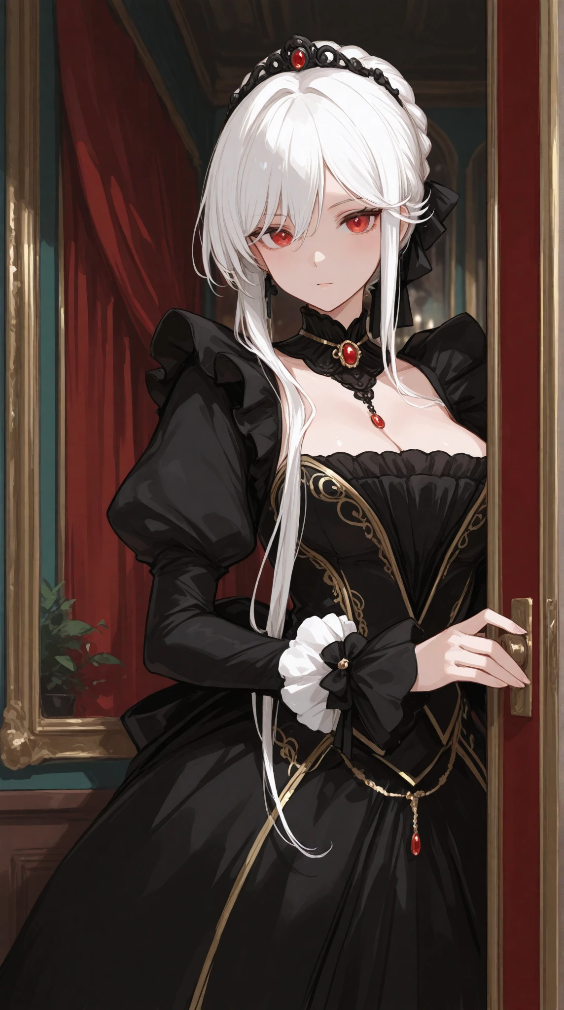((​masterpiece))、((top-quality))、((Official art))、8K、very detailed illustration、One girl、Gray hair、Long straight hair、Detailed eye、(Interior of the old castle 1.2)、The dim、(Gorgeous red and black gothic dress 1.2)、((Dracula's daughter))、((deadpan))、Fair skin、pure、Meek、bare shoulders​、Detailed photo book poses、white glove