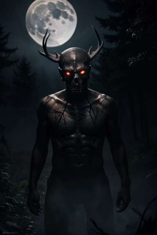 Wendigo humanoid body deer skull with big even red eyes sharp bone claws dark skin torn brown loincloth pointed teeth on a foggy forest background