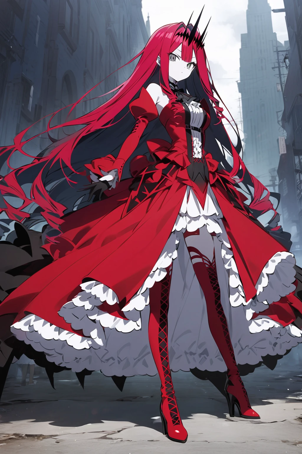 score_9, score_8_up, score_7_up, source_anime, 1girl, tall stature, ((((Baobhan Sith/(((fate/)))), ((official style)), red dress, bare shoulders, (((waist-cape))), layered sleeves, red knitted_long boots, high heeled shoes, pale skin, shiny skin,